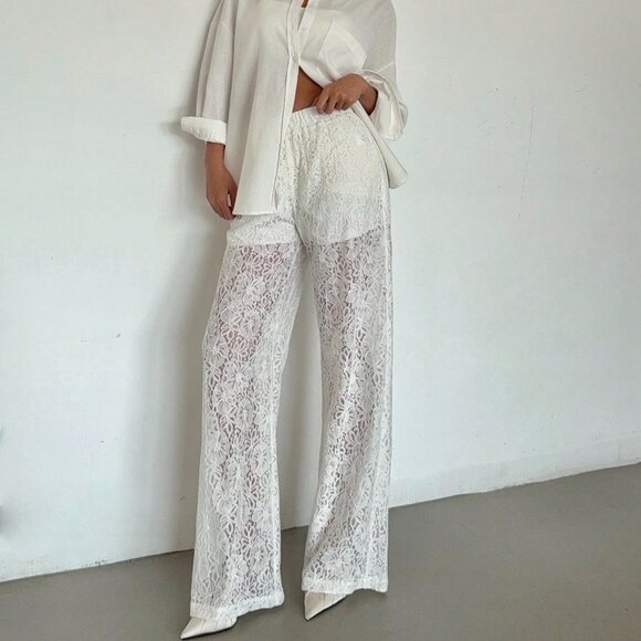 Casual Women's Lace See-Through Straight-Leg Pants - Picture 1 of 7